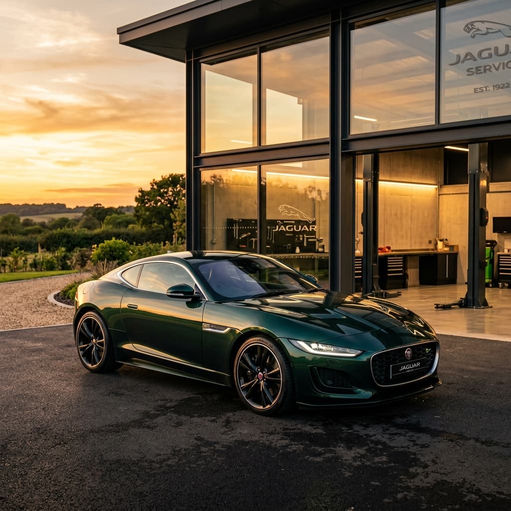 Sleek dark green Jaguar F-Type coupe parked outside a workshop at sunset