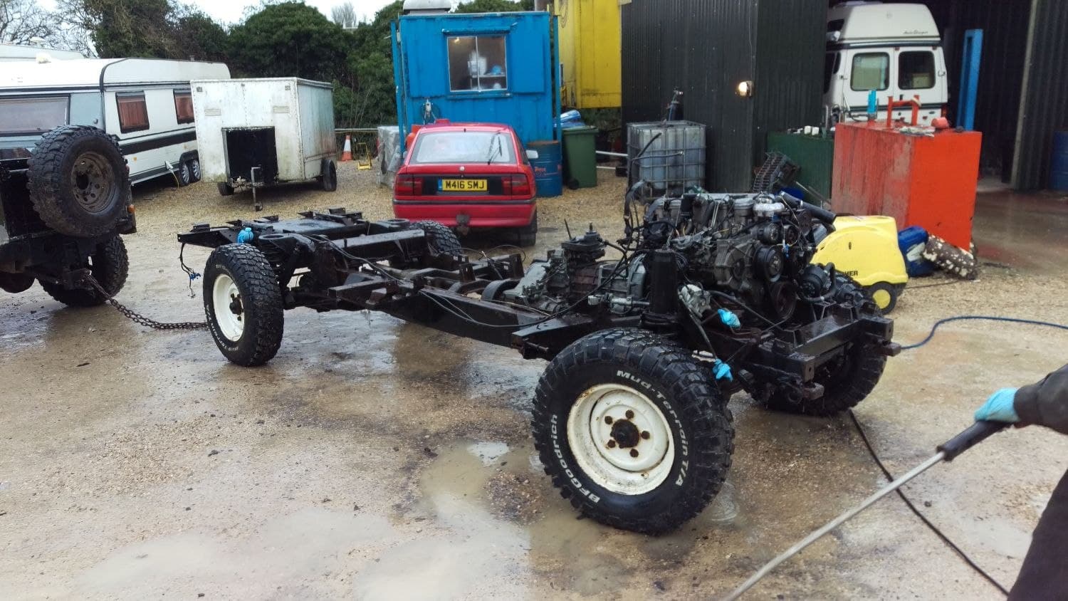 Bare Defender 130 rolling chassis with the body removed